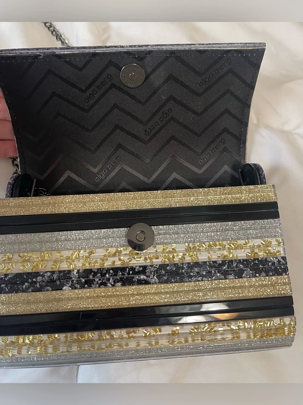 Olga Berg Stacer Acrylic Foldover Clutch Chain Strap Glittery Pearlescent Purse - Picture 5 of 5